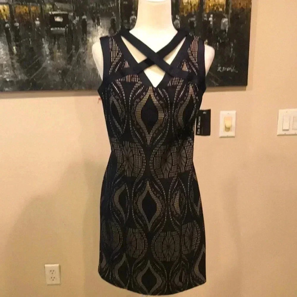 Enfocus Studio SZ 8 Navy & Nude Lace Fitted Cocktail Column Dress NWT - Picture 1 of 13
